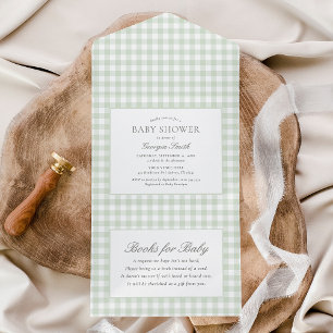 Invitation Tout En Un Baby shower de En vichy Sage Green