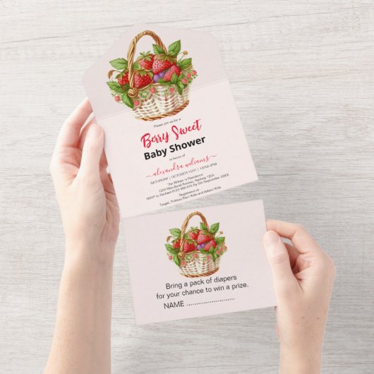 Invitation Tout En Un Baby shower de fraise d'aquarelle mignonne (Déchirure)