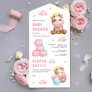 Invitation Tout En Un Baby Shower de la Reine Cow Girl Rose Mignonne