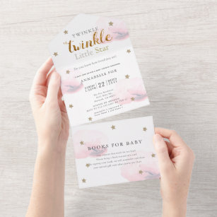 Invitation Tout En Un Baby shower de livre rose Little Star Twinkle