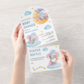 Invitation Tout En Un Baby shower de lune d'éléphant couché mou (Déchirure)