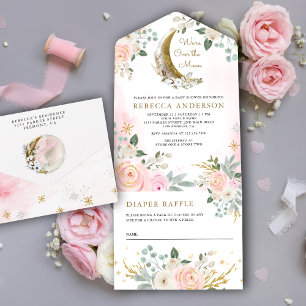 Invitation Tout En Un Baby shower de lune d'or rose rose Rustique