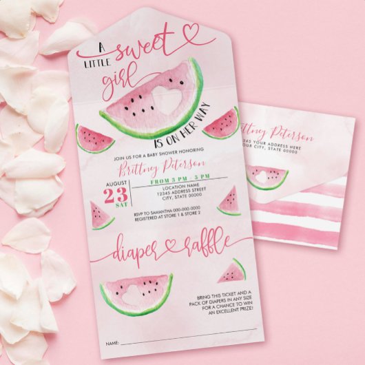 Invitation Tout En Un Baby shower de pastèque Raffin de couche rose