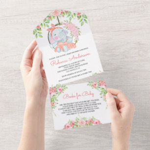 Invitation Tout En Un Baby shower d'éléphant rose pâle rose