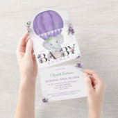 Invitation Tout En Un Baby shower d'éléphant violet à air chaud (Déchirure)