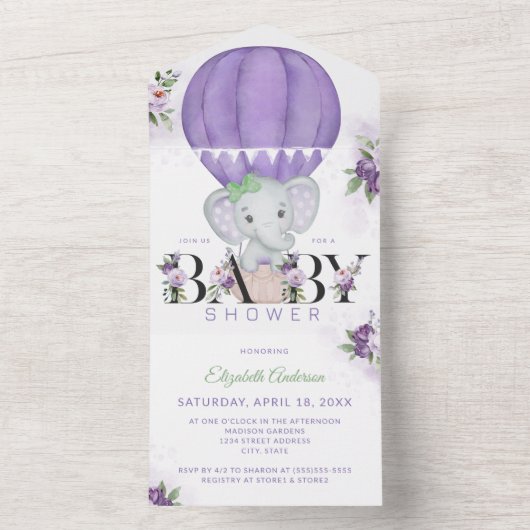 Invitation Tout En Un Baby shower d'éléphant violet à air chaud (À l'intérieur)