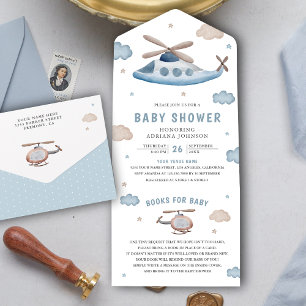Invitation Tout En Un Baby shower d'hélicoptère bleu rétro Vintage