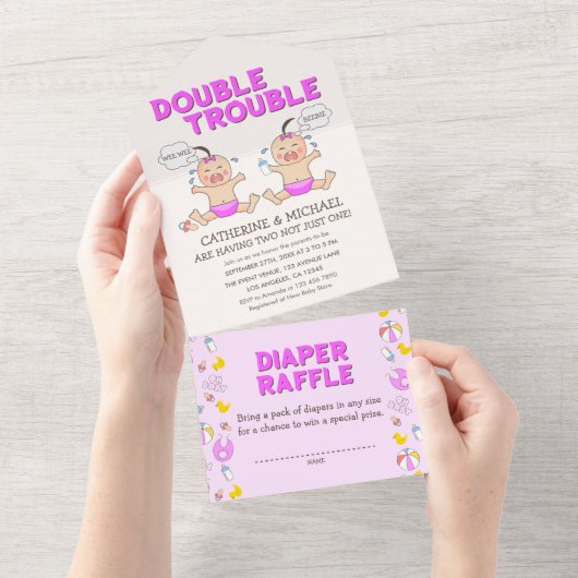 Invitation Tout En Un Baby shower Double Trouble Twin Girls (Déchirure)