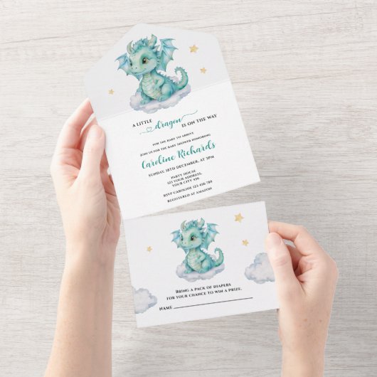 Invitation Tout En Un Baby shower Dragon mou (Déchirure)