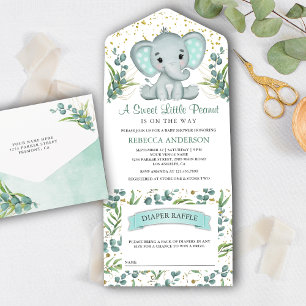 Invitation Tout En Un Baby Shower Élégant Éléphant Feuillage d'Eucalyptu