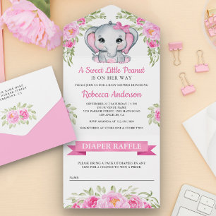 Invitation Tout En Un Baby Shower Élégant Éléphant Floral Rose Mignon