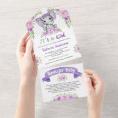 Invitation Tout En Un Baby Shower Éléphant Aquarelle Fleur Violet (Déchirure)