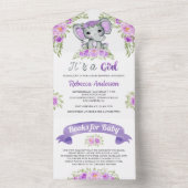 Invitation Tout En Un Baby Shower Éléphant Aquarelle Fleur Violet (À l'intérieur)