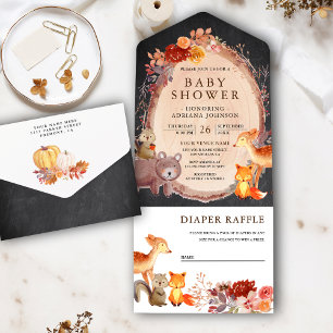 Invitation Tout En Un Baby shower en damier pour animaux forestiers