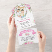 Invitation Tout En Un Baby shower en girafe rose fleuri (Déchirure)