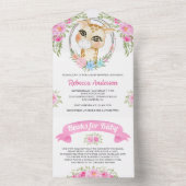 Invitation Tout En Un Baby shower en girafe rose fleuri (À l'intérieur)
