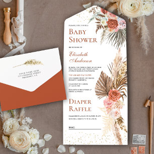 Invitation Tout En Un Baby shower en herbe Rustique Terme Floral Boho Pa