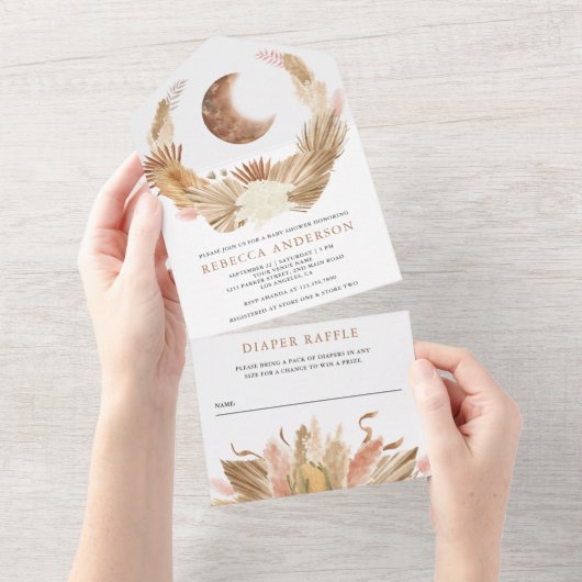 Invitation Tout En Un Baby shower en laiton Rustique Boho Moon Pampas (Déchirure)