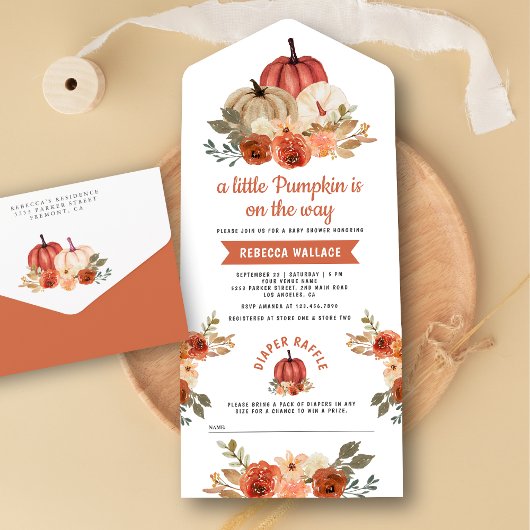 Invitation Tout En Un Baby shower en terre cuite rustique petit Citrouil