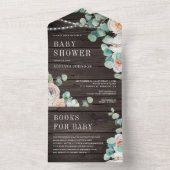 Invitation Tout En Un Baby shower Eucalyptus Rose rustique en bois doux (À l'intérieur)