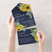 Invitation Tout En Un Baby shower Feuille des fleurs de soleil bleu mari (Déchirure)