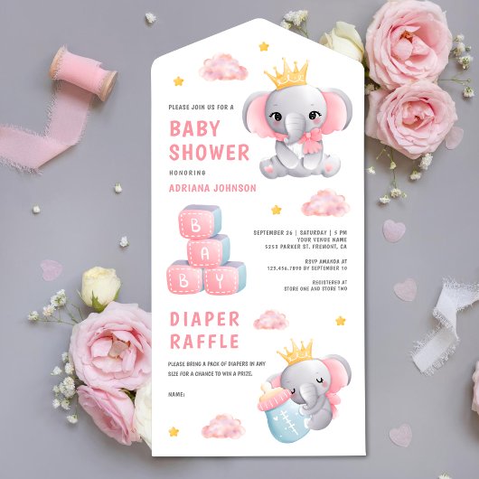 Invitation Tout En Un Baby shower fille Eléphant Reine Rose mignonne