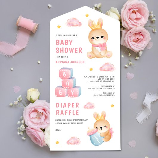 Invitation Tout En Un Baby shower fille lapin Reine Rose mignonne