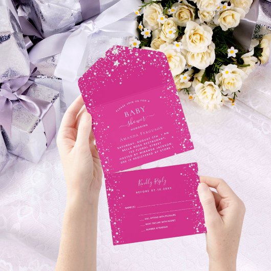 Invitation Tout En Un Baby shower fille rose blanc étoiles RSVP