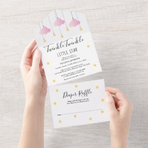 Invitation Tout En Un Baby shower fille rose Twinkle Twinkle