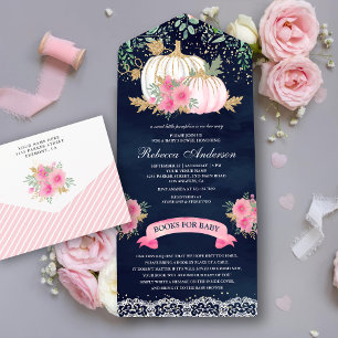 Invitation Tout En Un Baby Shower Fleur Pêche Or Bleu Marine Citrouille