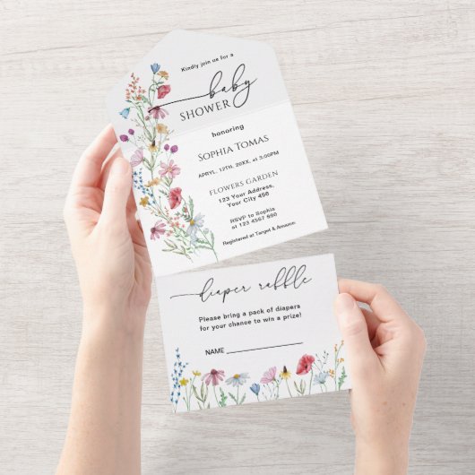 Invitation Tout En Un Baby shower fleur sauvage (Déchirure)