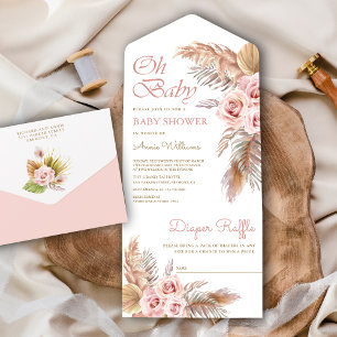 Invitation Tout En Un Baby Shower Fleurs Roses Pâles et Herbe de Pampa B