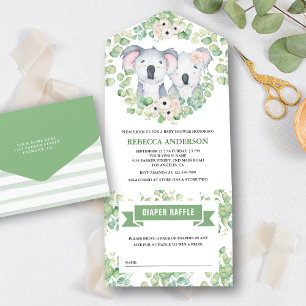 Invitation Tout En Un Baby shower floral Eucalyptus Cute Koala Twins