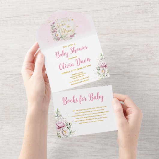 Invitation Tout En Un Baby shower Floral Moon (Déchirure)