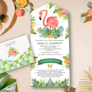 Invitation Tout En Un Baby Shower Jungle Tropical Rustique Flamant Rose 