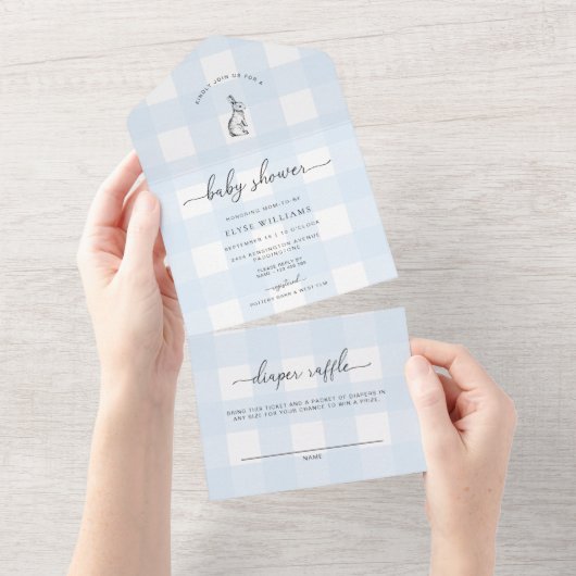 Invitation Tout En Un Baby shower lapin En vichy bleu (Déchirure)