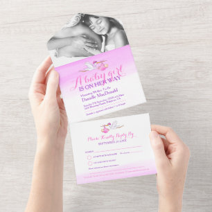 Invitation Tout En Un Baby shower livraison de cigogne aquarelle rose ph