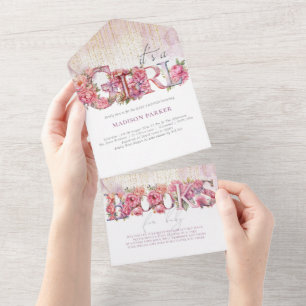 Invitation Tout En Un Baby shower & Livres pour bébé C'est une fille