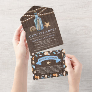 Invitation Tout En Un Baby Shower Message dans une Bouteille en Bois Vin