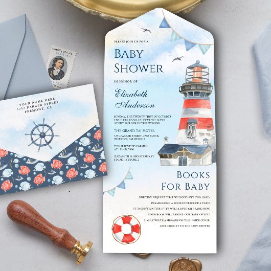 Invitation Tout En Un Baby shower nautique Rustique du phare d'aquarelle