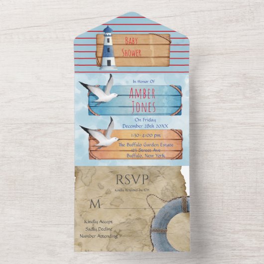 Invitation Tout En Un Baby shower Nautique Thème Garçon (À l'intérieur)