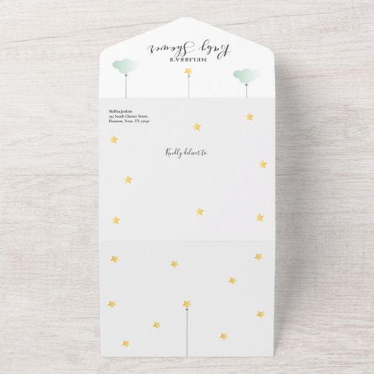 Invitation Tout En Un Baby shower neutre Twinkle Twinkle (Dehors)