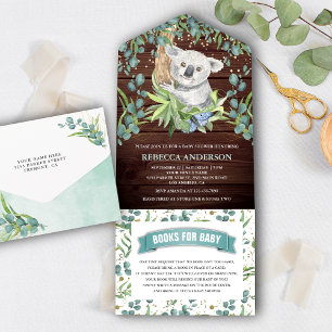 Invitation Tout En Un Baby Shower Ours en Koala Eucalyptus Bois Rustique