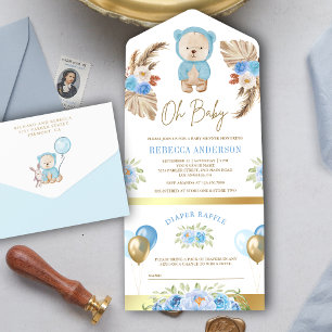 Invitation Tout En Un Baby Shower Ours en Peluche Bleu Floral Boho Pampa
