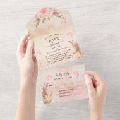 Invitation Tout En Un Baby shower pampas rose papillon d'or fleuri RSVP (Déchirure)