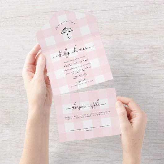 Invitation Tout En Un Baby shower parapluie rose En vichy (Déchirure)