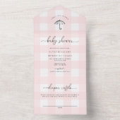 Invitation Tout En Un Baby shower parapluie rose En vichy (À l'intérieur)