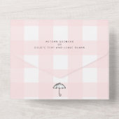 Invitation Tout En Un Baby shower parapluie rose En vichy (Verso)
