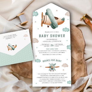 Invitation Tout En Un Baby shower pilote d'avion vintage Retro Green