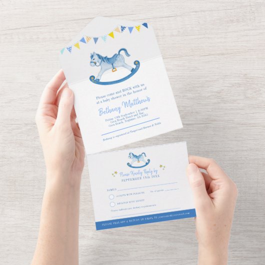 Invitation Tout En Un Baby shower rocking hobby cheval bleu aquarelle al (Déchirure)